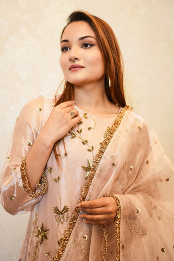 Pure Blush Rose Gold Tissue Hand Embroidered Suit.