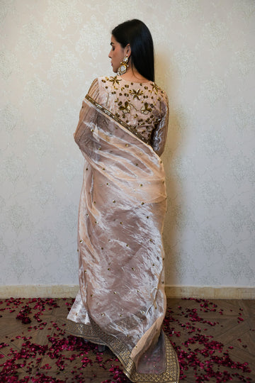 Pure Blush Rose Gold Tissue Hand Embroidered Saree