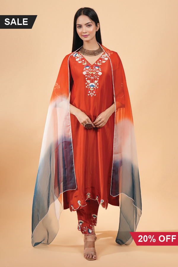 Makhmal elegant rust straight pant slik set