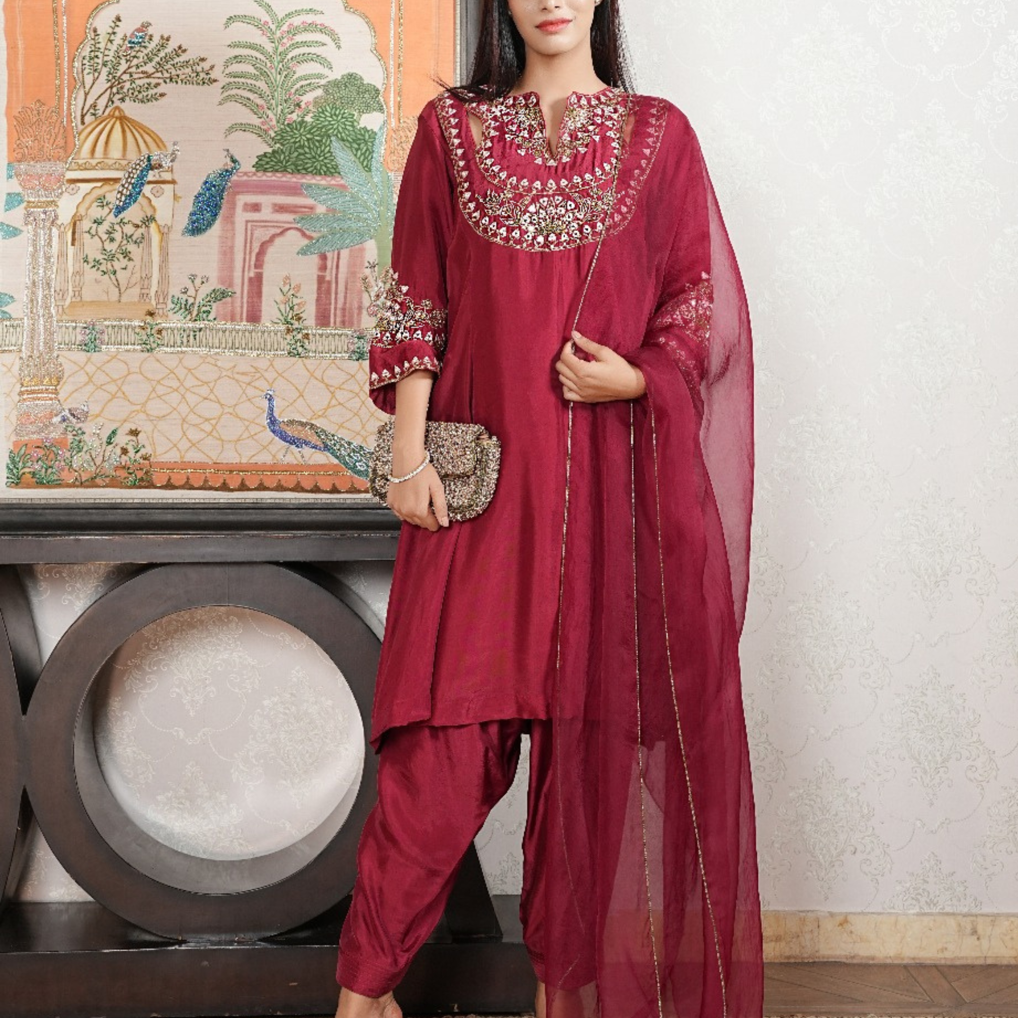 Cherry Red Hand-Embroidered Set