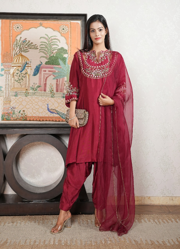 Cherry Red Hand-Embroidered Set